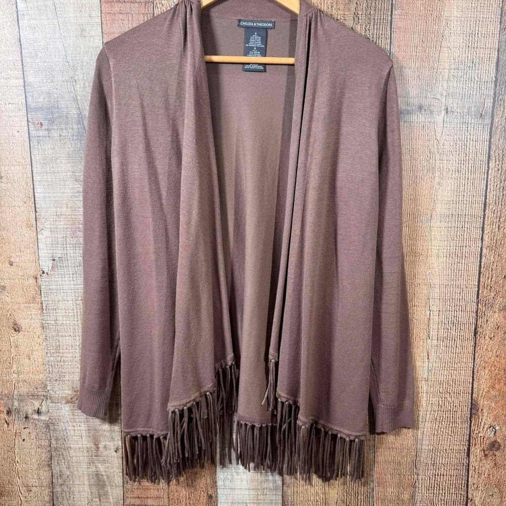Chelsea & Theodore Brown Fringe Cardigan Knit Boho Wrap Jacket Small Kimono